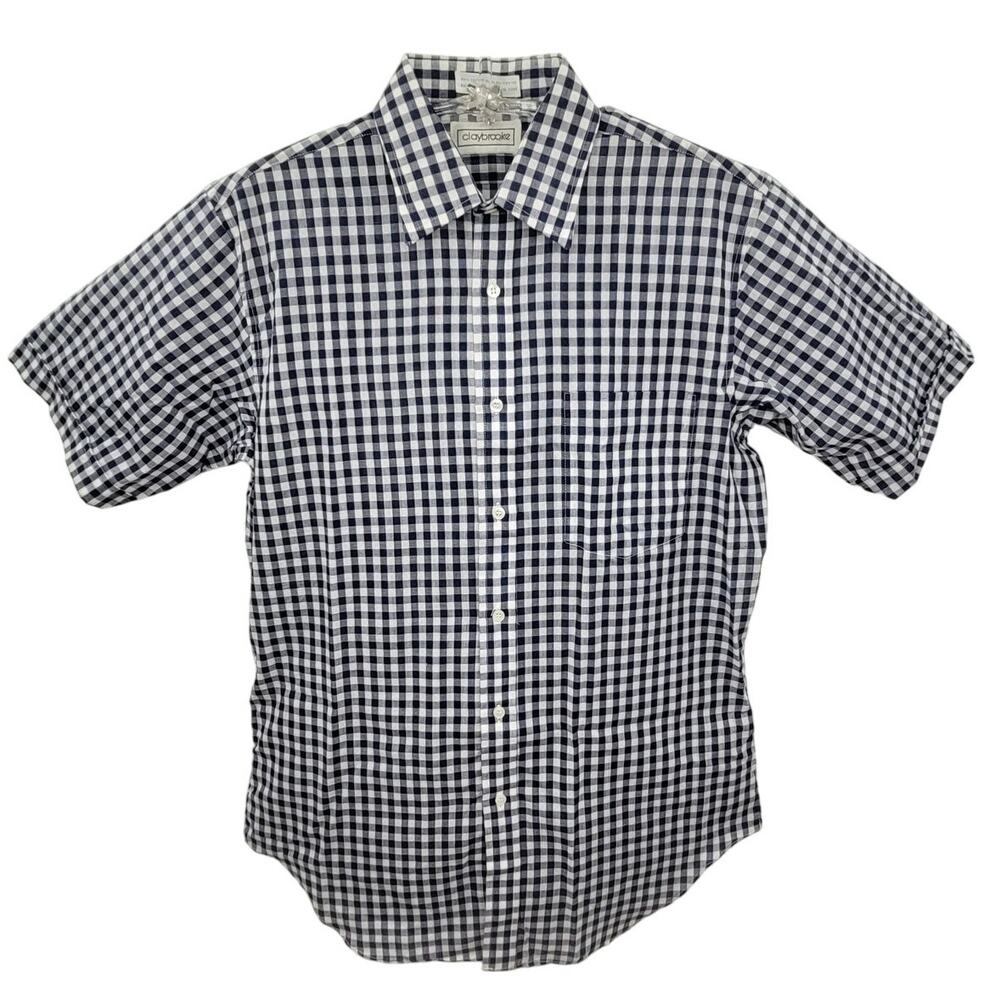 Claybrooke‎ Dark Blue Checked Shirt Vintage Short Sleeve Button‑Up Casual Mens